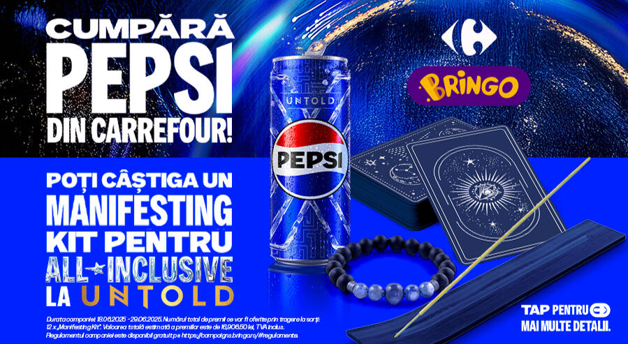 Castiga un Manifesting Kit cu Pepsi si Bringo Cumpără din Carrefour în perioada 18 - 29.06.2025 minimum un produs Pepsi și poți câștiga zilnic, prin tragere la sorți, un Manifesting Kit Untold